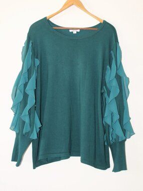 Chicos Spun Teal Ruffle Sleeve Women's Sweater Rayon Size XL Pull over Chic Top